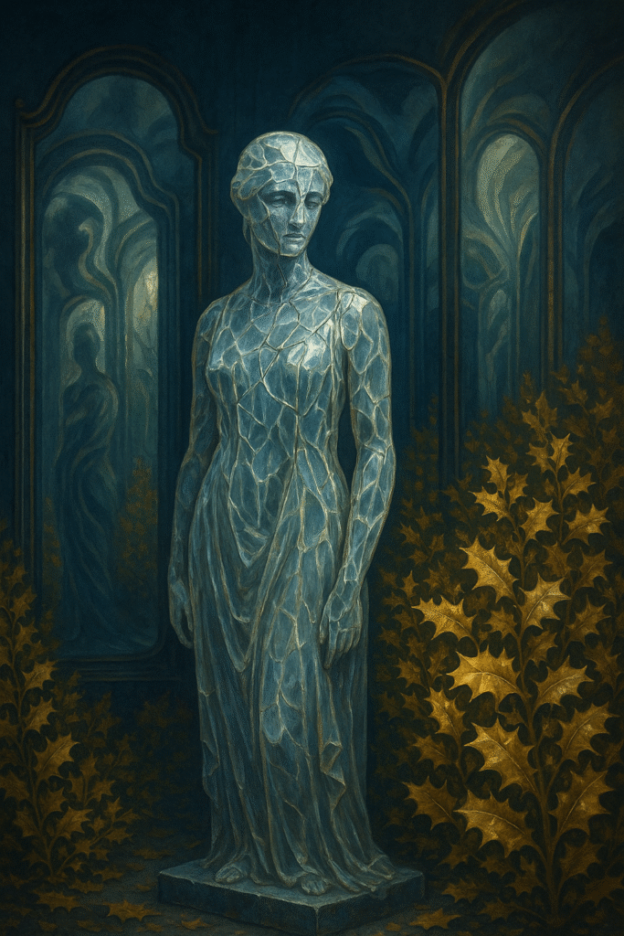 Estátua de cristal rachada diante de espelhos distorcidos, cercada por bosques de azevinhos dourados, simbolizando a decadência estética