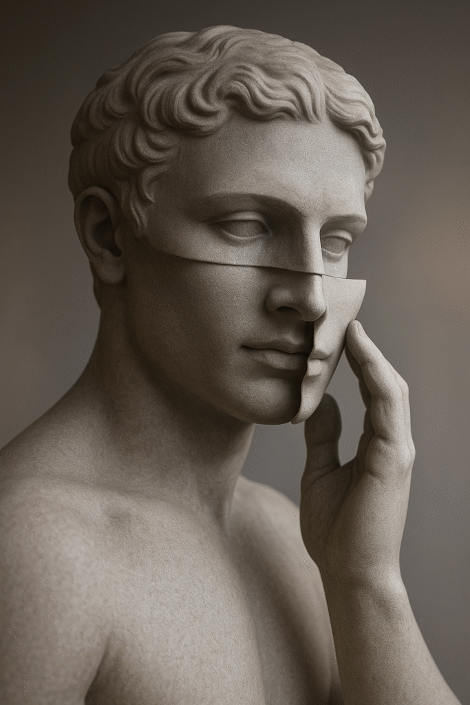 Escultura masculina de pedra removendo uma máscara do próprio rosto, sob luz suave e fundo neutro, representando a dupla personalidade.