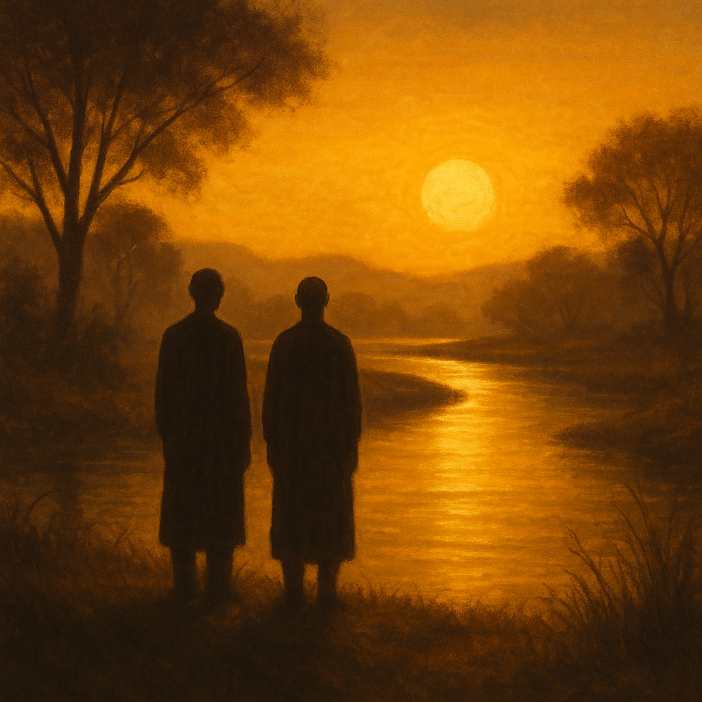 Dois homens idênticos se encontram à beira de um rio dourado, cercado por montanhas e neblina e refletem sobre a relatividade do tempo