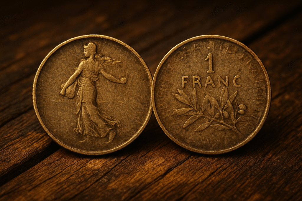 Old French coin with “liberté, égalité, fraternité” — allegory of polarization.