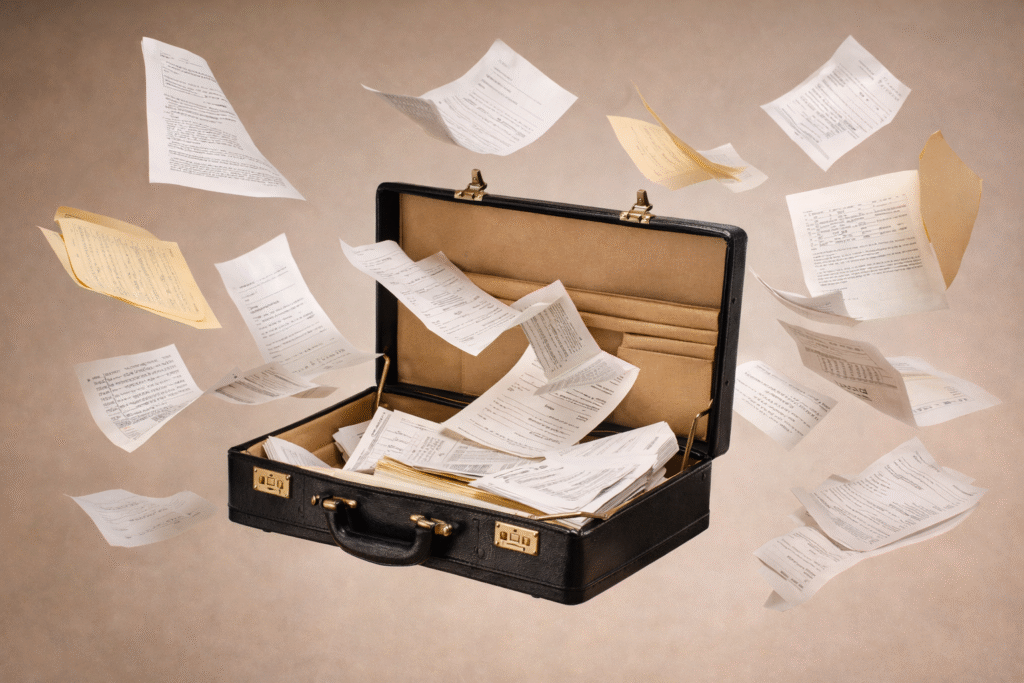 Desenho representando a mala e documento do doido Pedro