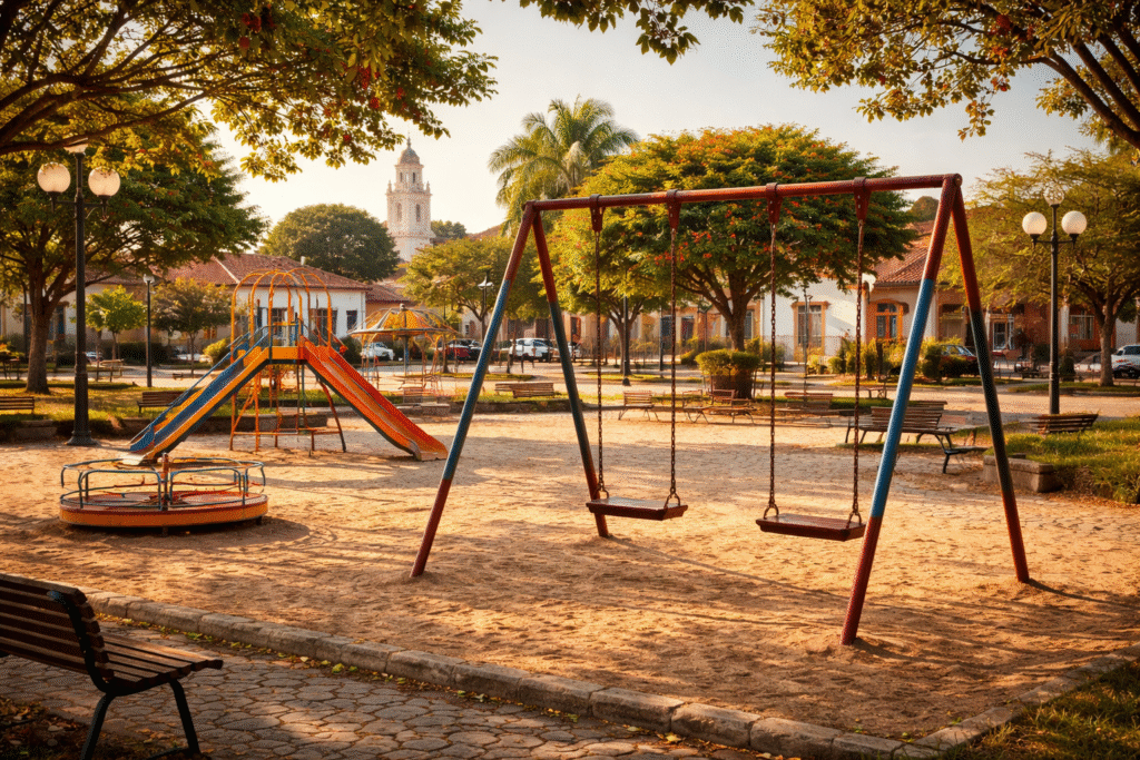 Praça de cidade do interior, onde o doido passava horas no balanço